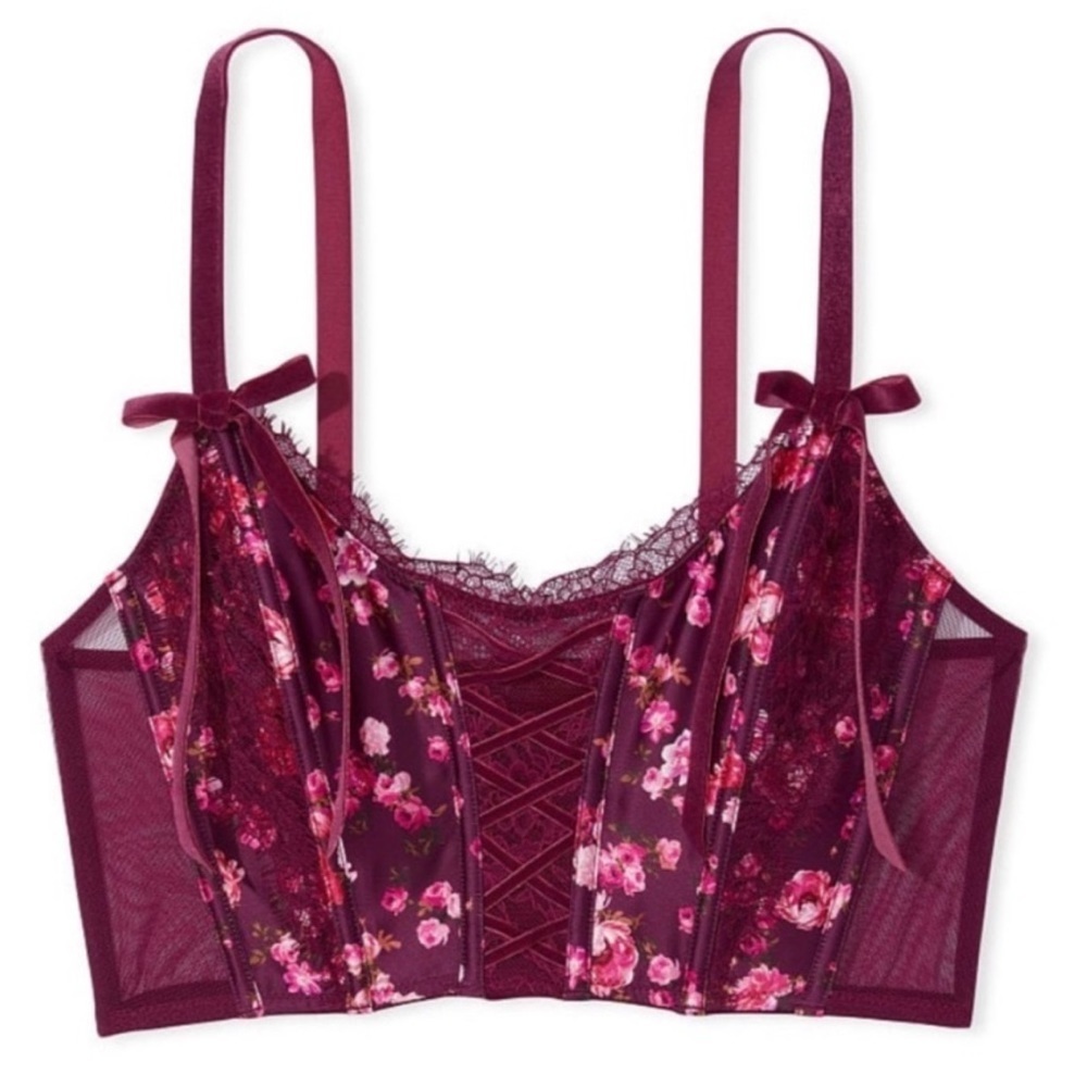 Victorias Secret Dream Angel‎ Velvet Floral Lace up Corset Bra size, Medium-MDD
